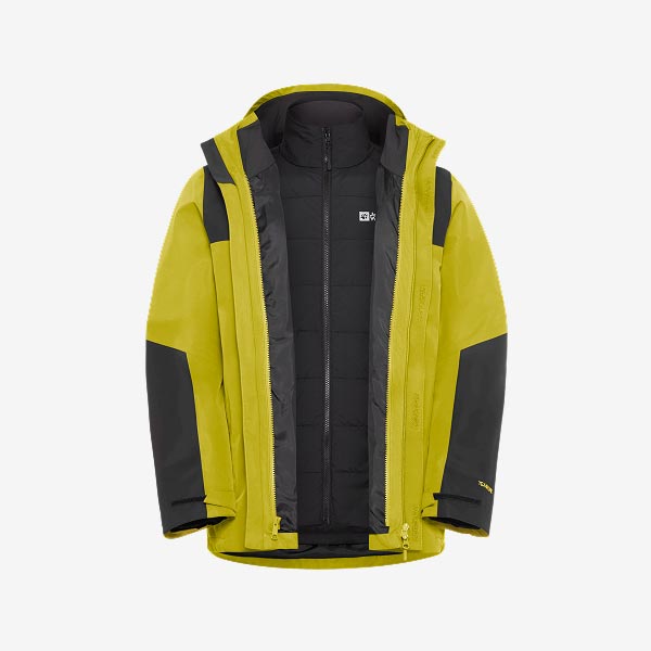 Yellow Jasper 3in1 jacket for men with a hood, featuring contrasting black patches on the shoulders and sleeves.